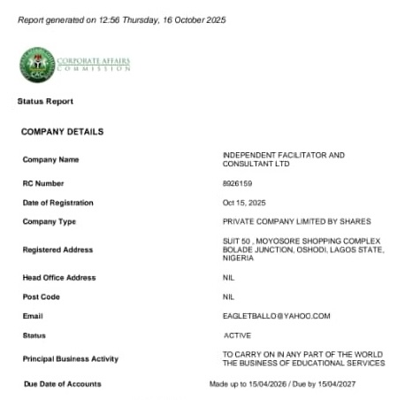 CAC status report for Independent Facilitator and Consultant Ltd